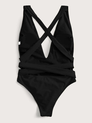 Halter Neck Deep V Tied One-Piece Swimsuit Divacious