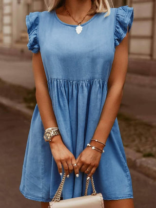 Full Size Ruffled Round Neck Cap Sleeve Denim Dress Divacious