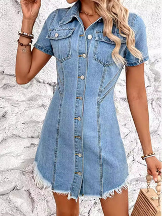 Raw Hem Button Up Short Sleeve Denim Dress Divacious