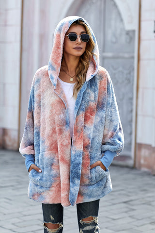 Tie-Dye Plush Hooded Jacket with Pockets Divacious