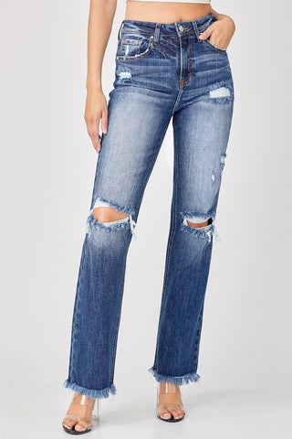 Full Size Raw Hem Distressed Straight Jeans Divacious