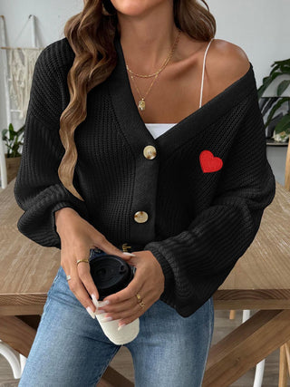 Heart Button Down V-Neck Long Sleeve Cardigan - Divacious