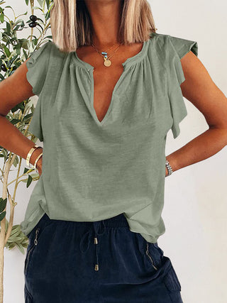 Ruffled Notched Cap Sleeve T-Shirt Divacious