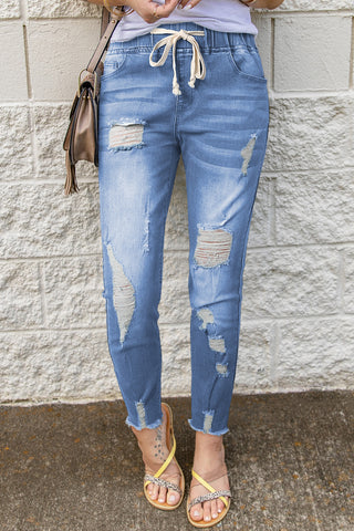 Drawstring Distressed Raw Hem Jeans with Pockets Divacious