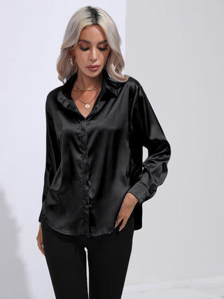 Collared Neck Buttoned Long Sleeve Shirt Divacious