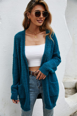 Open Front Openwork Fuzzy Cardigan with Pockets Divacious