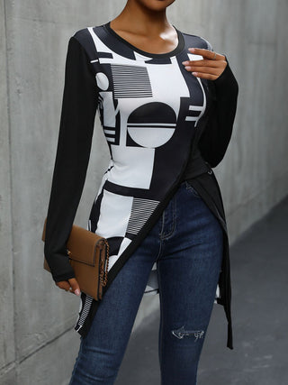 Geometric Round Neck Long Sleeve T-Shirt Divacious