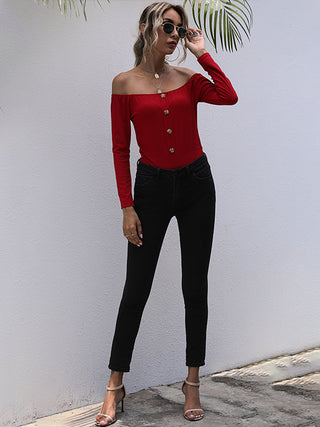 Decorative Button Off-Shoulder Long Sleeve Bodysuit - Divacious