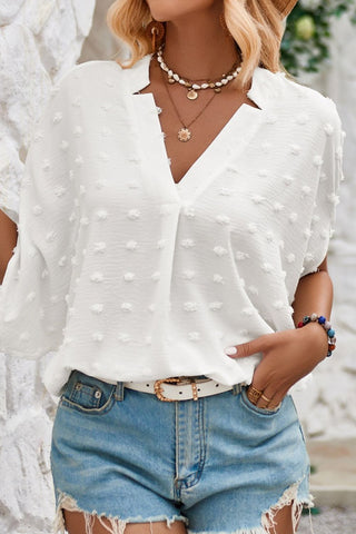 Swiss Dot Notched Half Sleeve Blouse Divacious