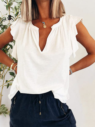 Ruffled Notched Cap Sleeve T-Shirt Divacious