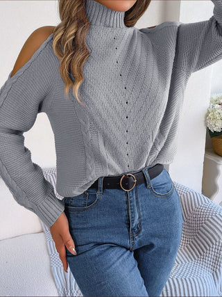 Cable-Knit Turtleneck Cold Shoulder Sweater Divacious