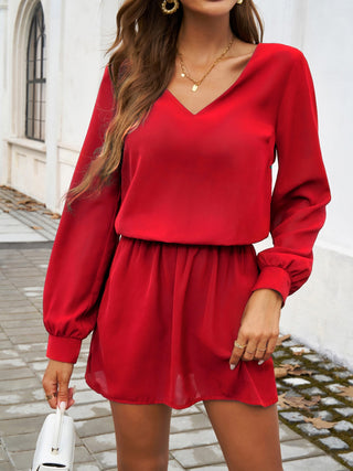 Devine Cutout V-Neck Long Sleeve Mini Dress Trendsi