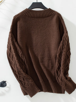 Cable-Knit Notched Long Sleeve Sweater - Divacious