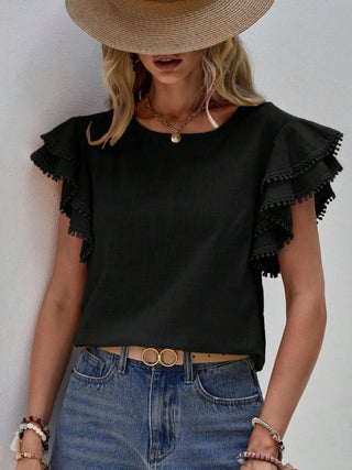 Ruffled Cap Sleeve Round Neck Blouse Divacious