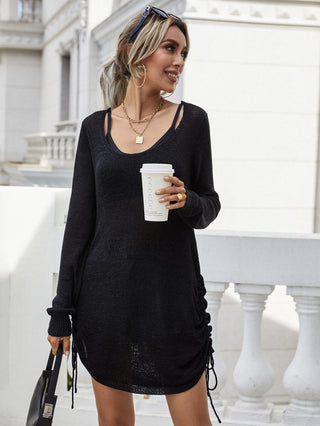 Drawstring Detail Open Back Scoop Neck Knit Top Divacious