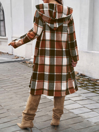 Plaid Long Sleeve Hooded Coat Divacious