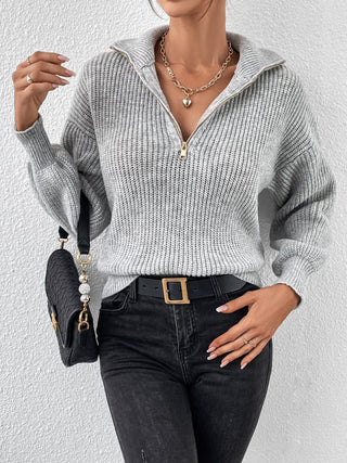 Half Zip Dropped Shoulder Sweater - Divacious