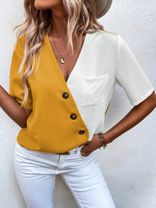 Decorative Button Surplice Short Sleeve Blouse Divacious