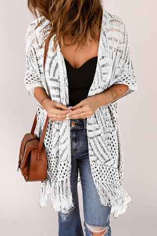 Openwork Open Front Cardigan with Fringes Divacious