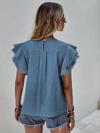 Ruffled Cap Sleeve Round Neck Blouse Divacious