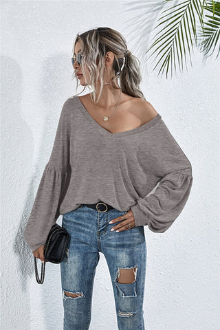 V-Neck Long Sleeve Dropped Shoulder Knit Top Divacious