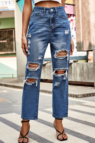 Distressed High Waist Straight Jeans Divacious