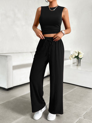 Devine Mock Neck Sleeveless Top and Drawstring Pants Set Trendsi