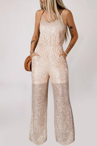 Sequin Spaghetti Strap Wide Leg Jumpsuit Divacious