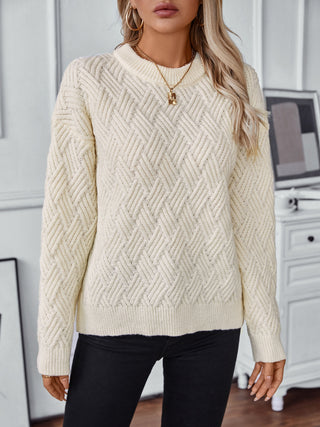 Round Neck Long Sleeve Woven Sweater - Divacious