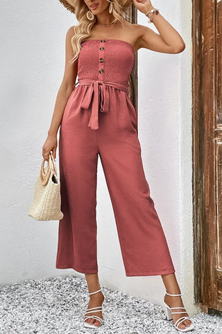 Decorative Button Strapless Smocked Jumpsuit with Pockets Divacious