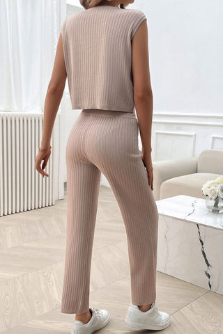 Ribbed Round Neck Top and Pants Set - Divacious