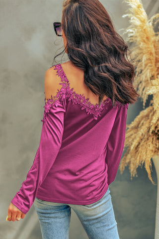 Lace Detail Cold Shoulder Long Sleeve T-Shirt Divacious