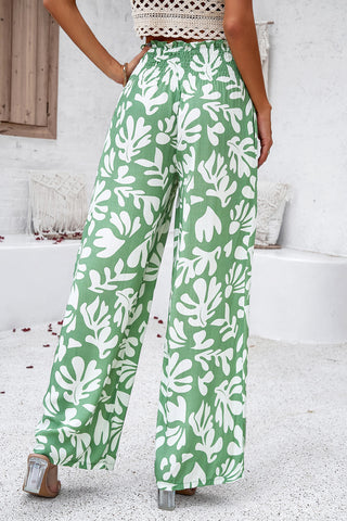 Smocked Printed Wide Leg Pants with Pockets Divacious