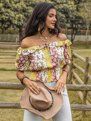 Ruffled Printed Off-Shoulder Short Sleeve Blouse Divacious