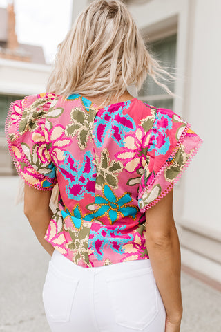 Floral Print Round Neck Flutter Sleeve Blouse Divacious