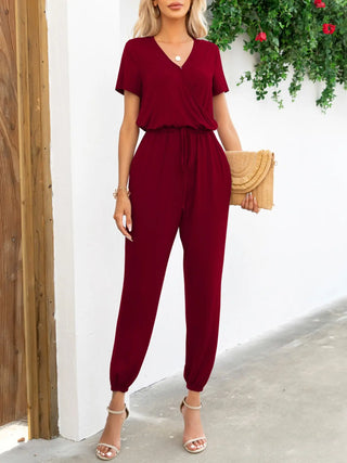 Short Sleeve V-Neck Jumpsuit with Pockets Divacious