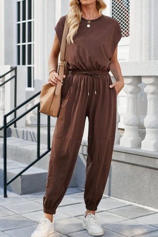 Round Neck Cap Sleeve Jumpsuit Divacious