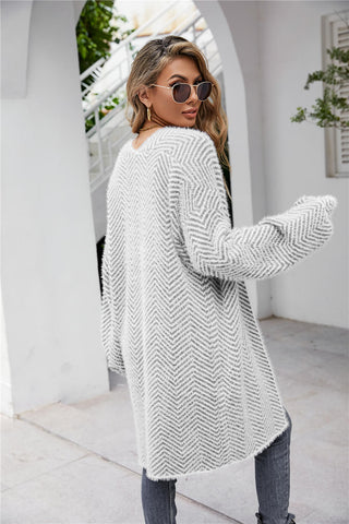 Herringbone Pattern Open Front Longline Fuzzy Cardigan Divacious