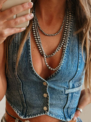 Buttoned V-Neck Denim Top Divacious