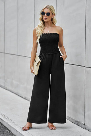 Straight Neck Smocked Jumpsuit Divacious