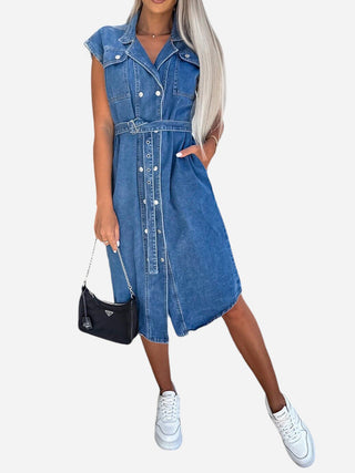 Collared Neck Cap Sleeve Denim Dress Divacious