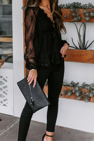 Lace Detail Plunge Long Sleeve Blouse Divacious