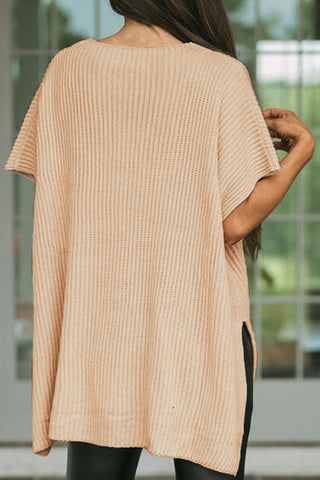 Waffle-Knit Slit Short Sleeve Sweater Divacious