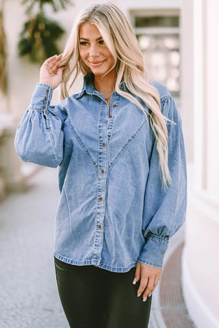 Collared Neck Lantern Sleeve Denim Top Divacious