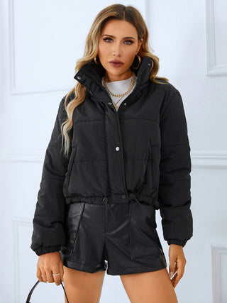 Snap and Zip Closure Drawstring Cropped Winter Coat Divacious