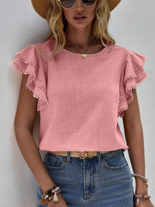 Ruffled Cap Sleeve Round Neck Blouse Divacious