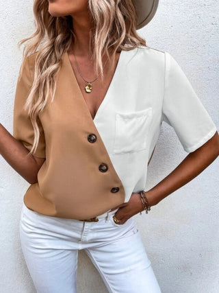 Decorative Button Surplice Short Sleeve Blouse Divacious