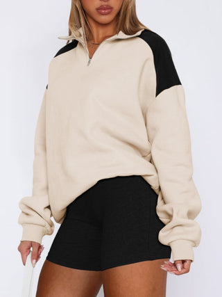 Contrast Quarter Zip Long Sleeve Sweatshirt - Divacious