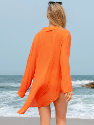 Pocketed Johnny Collar Long Sleeve Cover Up Divacious