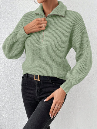 Half Zip Dropped Shoulder Sweater - Divacious